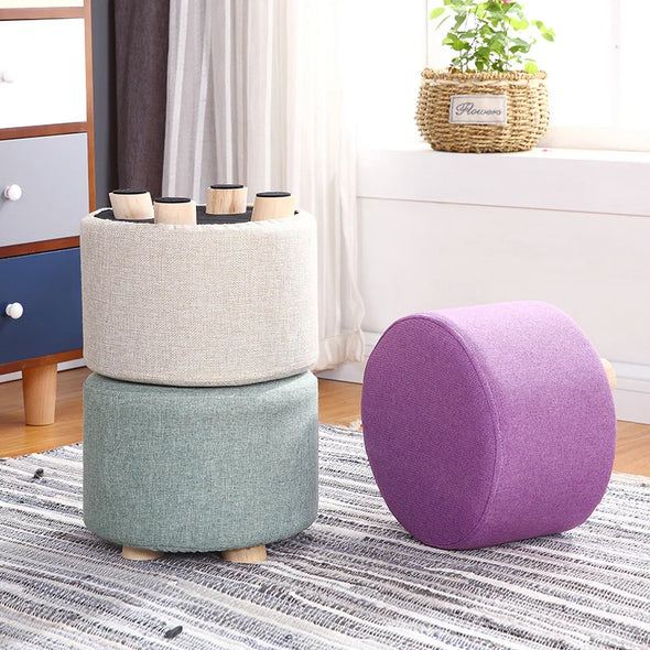 Wooden Ottomans with Linen Cotton Cover